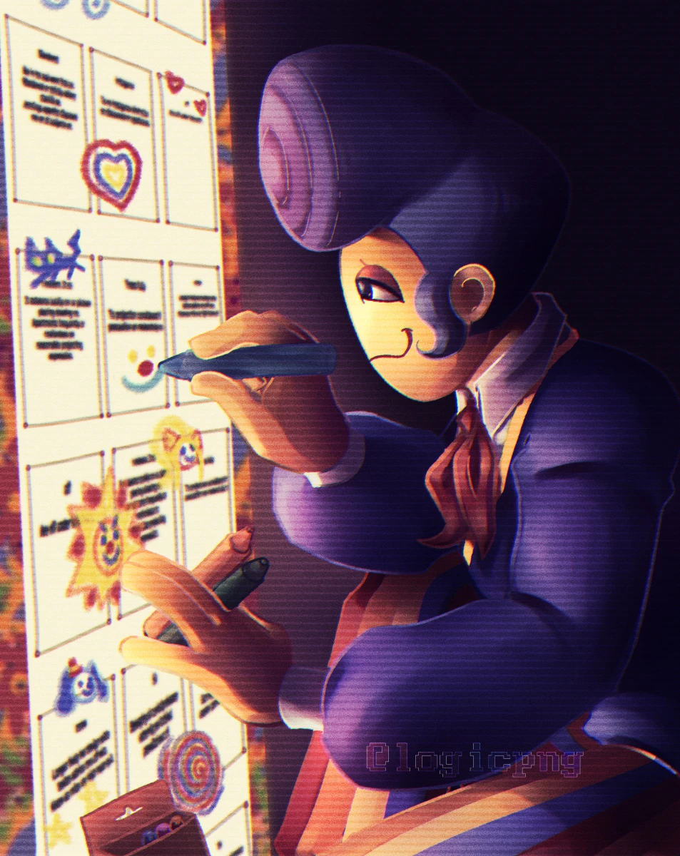 Digital fanart of Wally Darling from Welcome home. He's shown making doodles in wax crayons on a wall of various Guestbook messages from the site, text in the messages unintelligible, with a soft smile.