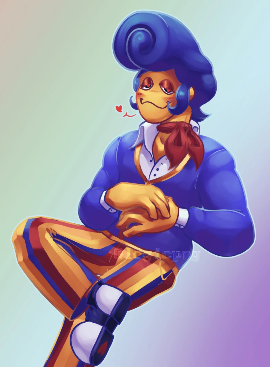 Digital fanart of shows Wally of Partycoffin's Welcome Home project, reclined against nothing, sitting down in a relaxed posture, hands resting over his stomach.