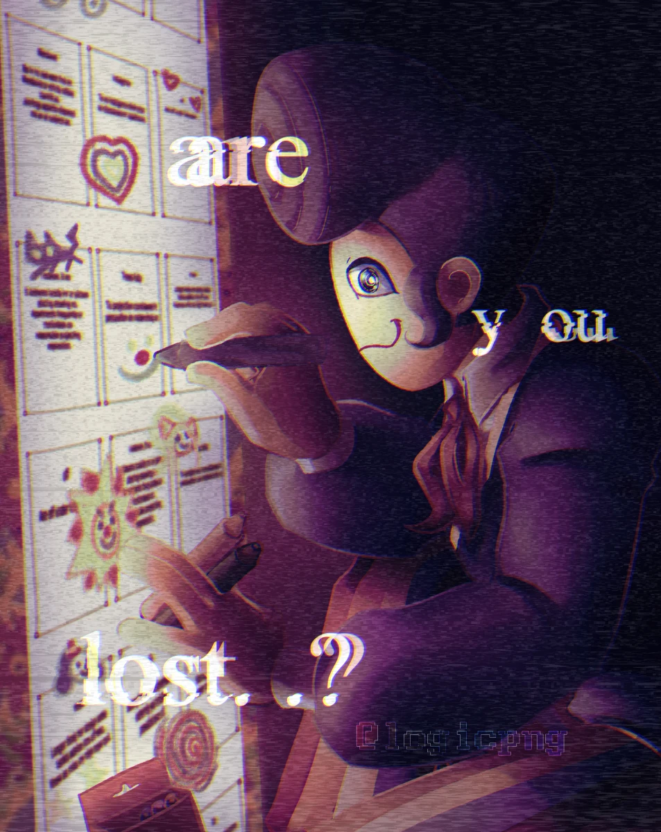 Ditto, but with a few edits. The image seems to be darker, hazier, with a level of glitching in a tv static effect. Wally's visible eye seems to be looking directly at the viewer, with a white spiral in the pupil. Text is present, with visual glitching, saying 'Are you lost?'.