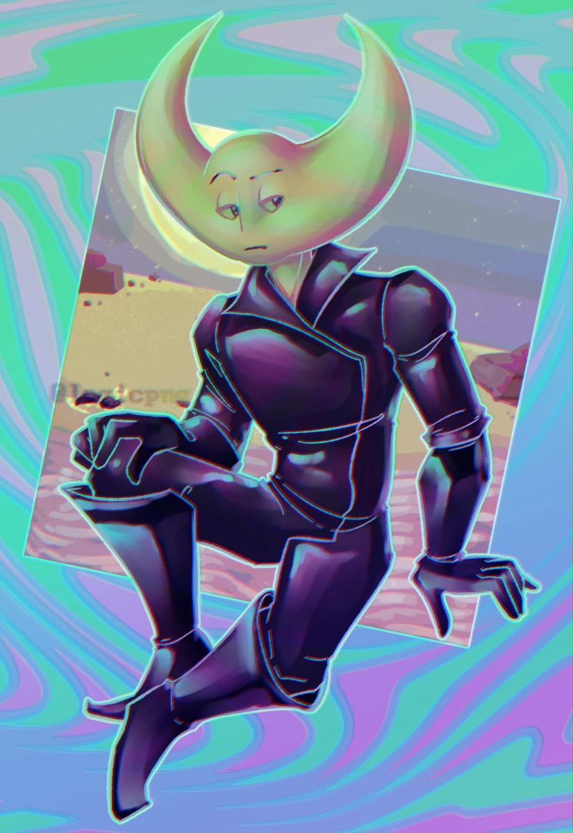 Digital fanart of Wayne from Hylics: humanoid figure with a yellow head, the horns to the sides making it resemble a crescent moon, in a kind of a leather jumpsuit, resin long gloves and long boots, all black. He's sitting on nothing visible, looking to the side and cocking a brow. The background right behind him is a small surreal landscape fitted into a square, and behind the square are colorful squiggly lines.