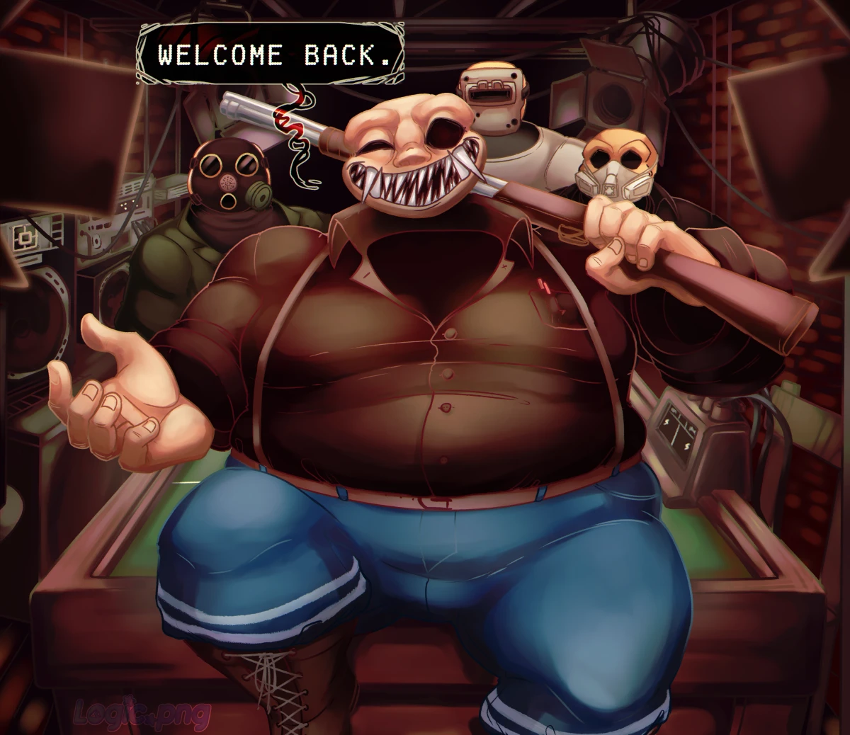 Digital drawing, fanart of Buckshot Roulette. In the game's single player room, the Dealer (with a fat body design) is sitting on the front edge of the game table, holding a shotgun over her shoulder, saying "Welcome back." Behind him are the Highrollers - the multiplayer characters (gas mask, welding mask, and respirator), all looking at the viewer.