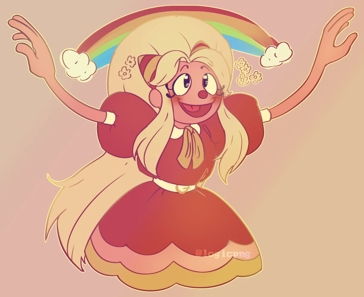 Doodle of Julie Joyful, arms raised up above her head, with a rainbow between them.