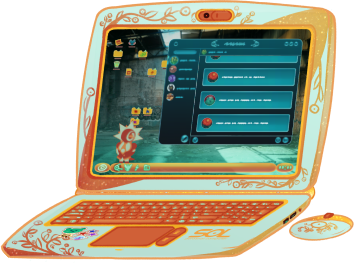 A white laptop with bright orange accents. On the screen is Aster and a chat client