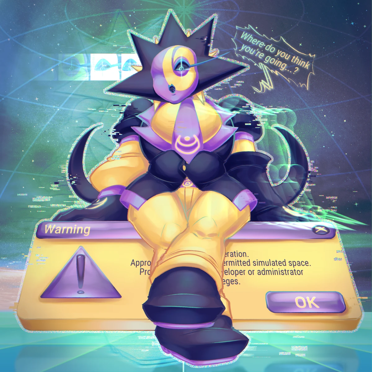 Digital illustration. At a view angle closer to the floor, in a glowy cyber space, Aster (Aldebaran fronting) is sitting on top of a warning notice dialogue of an operating system, looking down and visibly glitching. He says: "Where do you think you're going...?"