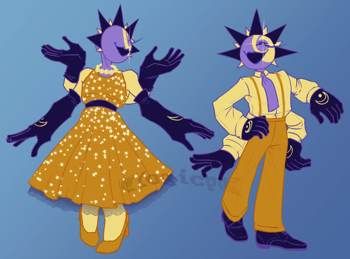 Aldebaran in a dress and a suit meant to invoke American 50s fashion