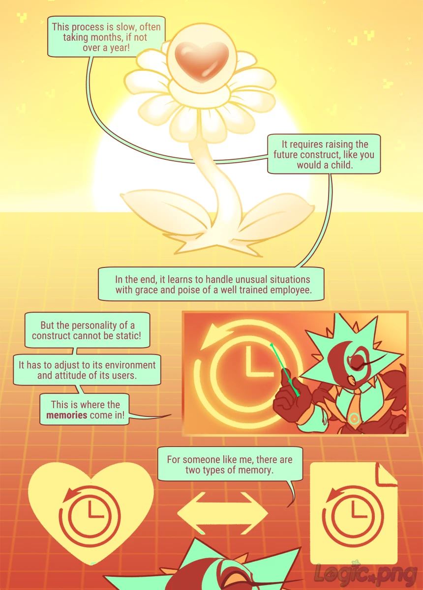 Page 4: [A fully white flower with a sphere encasing a heart at its middle] This process is slow, often taking months, if not over a year! It requires raising the future construct, like you would a child. In the end, it learns to handle unusual situations with grace and poise of a well trained employee. [Rigel points at the memory symbol with a green pointer stick, sternly] But the personality of a construct cannot be static! It has to adjust to its environment and attitude of its users. This is where the memories come in! [Rigel is peeking from below the page, symbols of memories in a heart (left) and memories in a file (right) above him] For someone like me, there are two types of memory.
