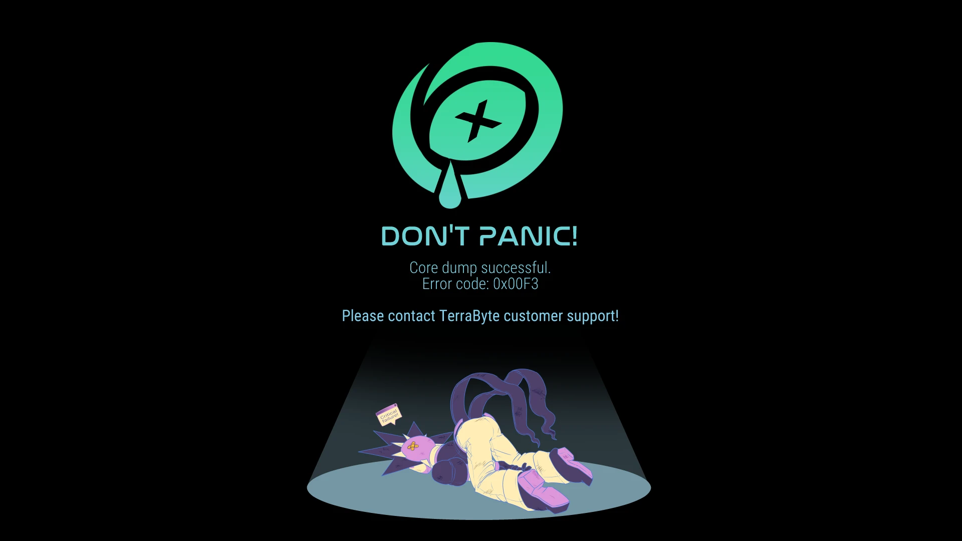 Mockup of CaelOS' crash screen. Aldebaran is laying under it with his butt up, beaten up.