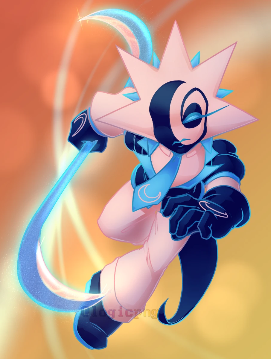 Digital drawing of Aster (Vega fronting), holding up a glassy blue double-ended scythe.