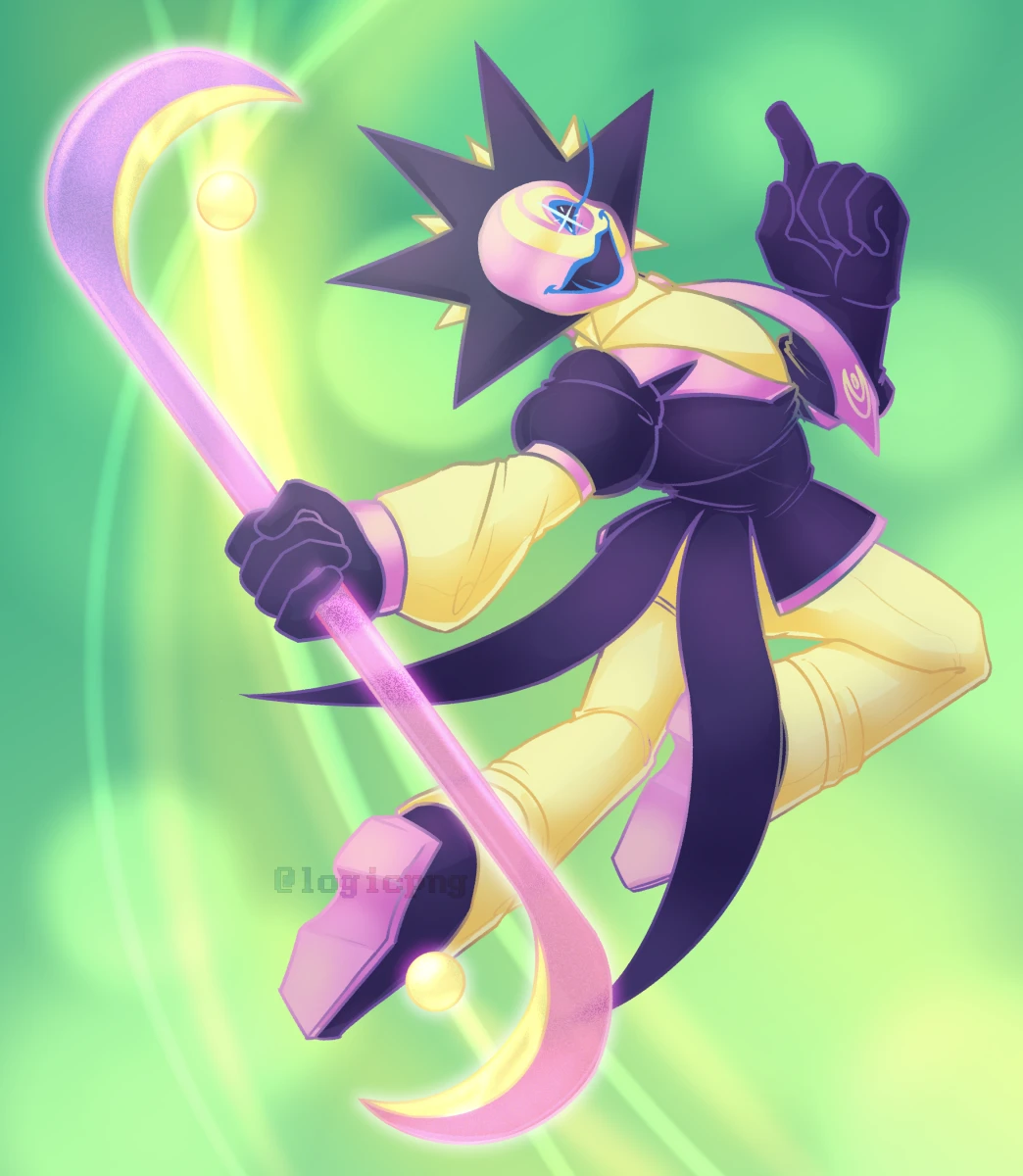 Digital drawing of Aster (Aldebaran fronting), holding up a glassy blue double-ended scythe with a glowing core floating under the inner side of the blades.