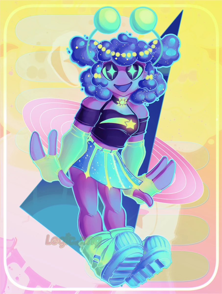 Digital drawing of Eris, a fictional AI with appearance of a purple alien girl, in casual space themed outfit.