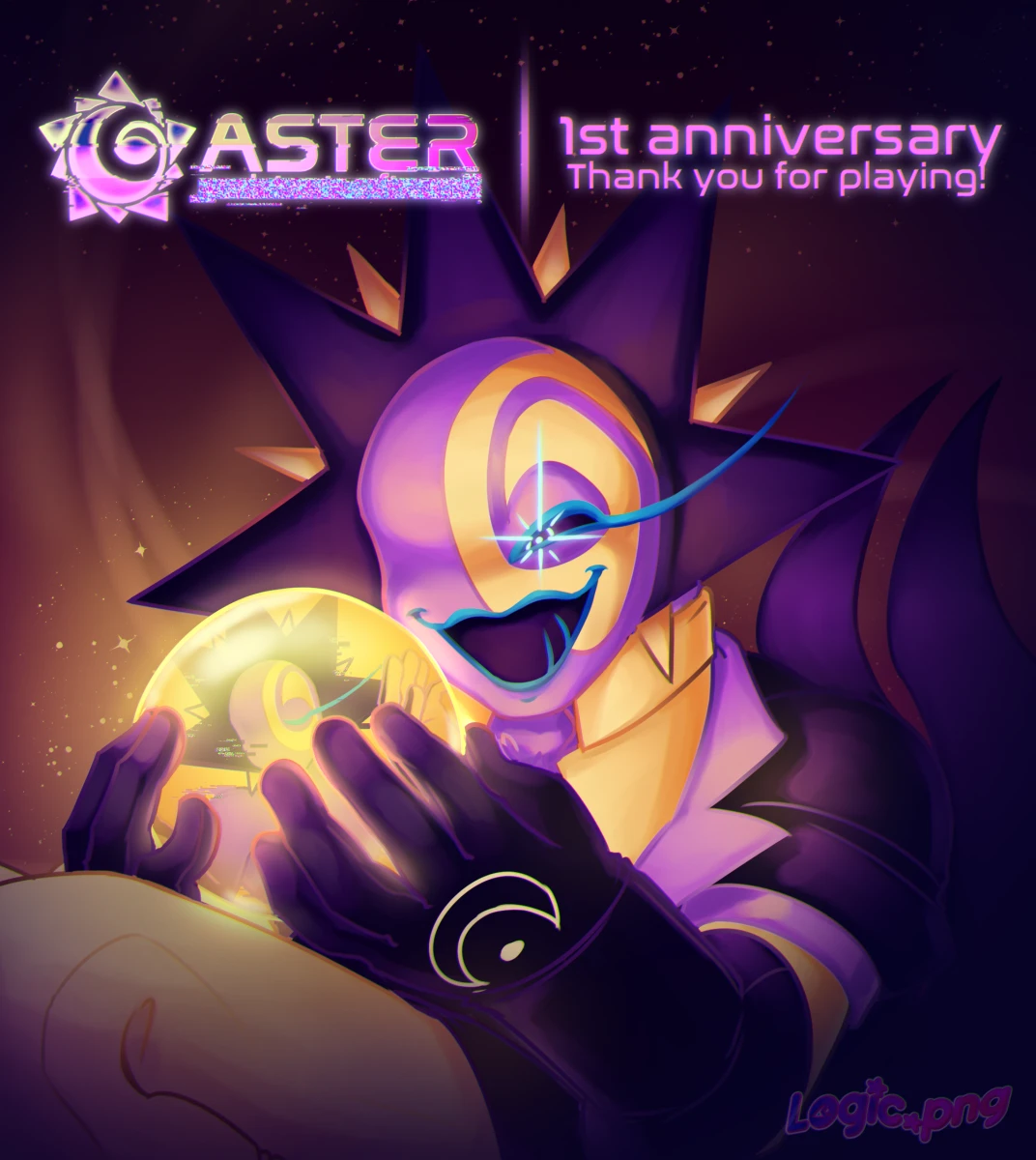 Digital illustration Aster (Aldebaran fronting) giddily looking at a golden sphere with himself inside. Text above reads "[Aster Terror Star Logo] 1st anniversary. Thank you for playing!"