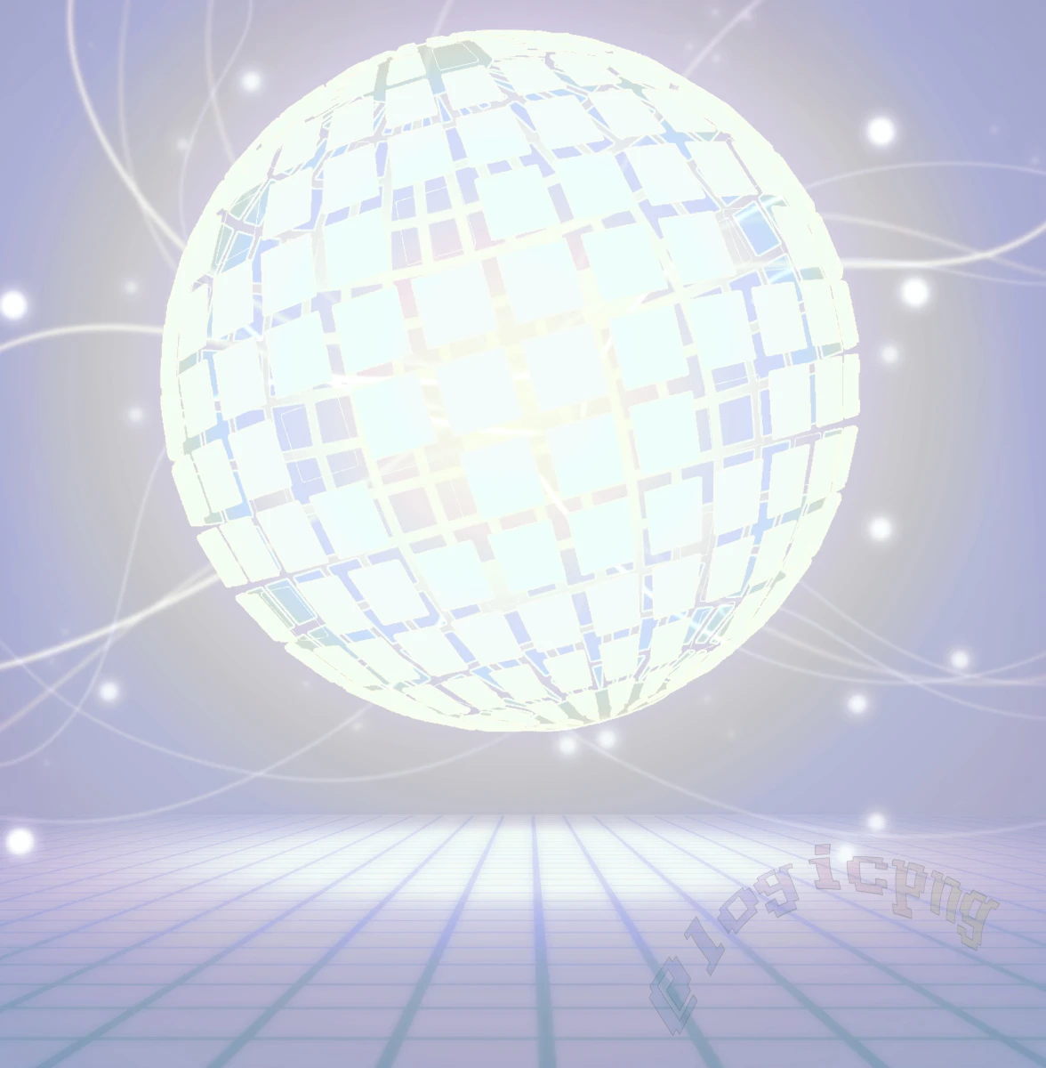 Background from an illustration, showing a USC kernel process, represented by a large faceted sphere, glowing bright above a gray background with a grid floor.