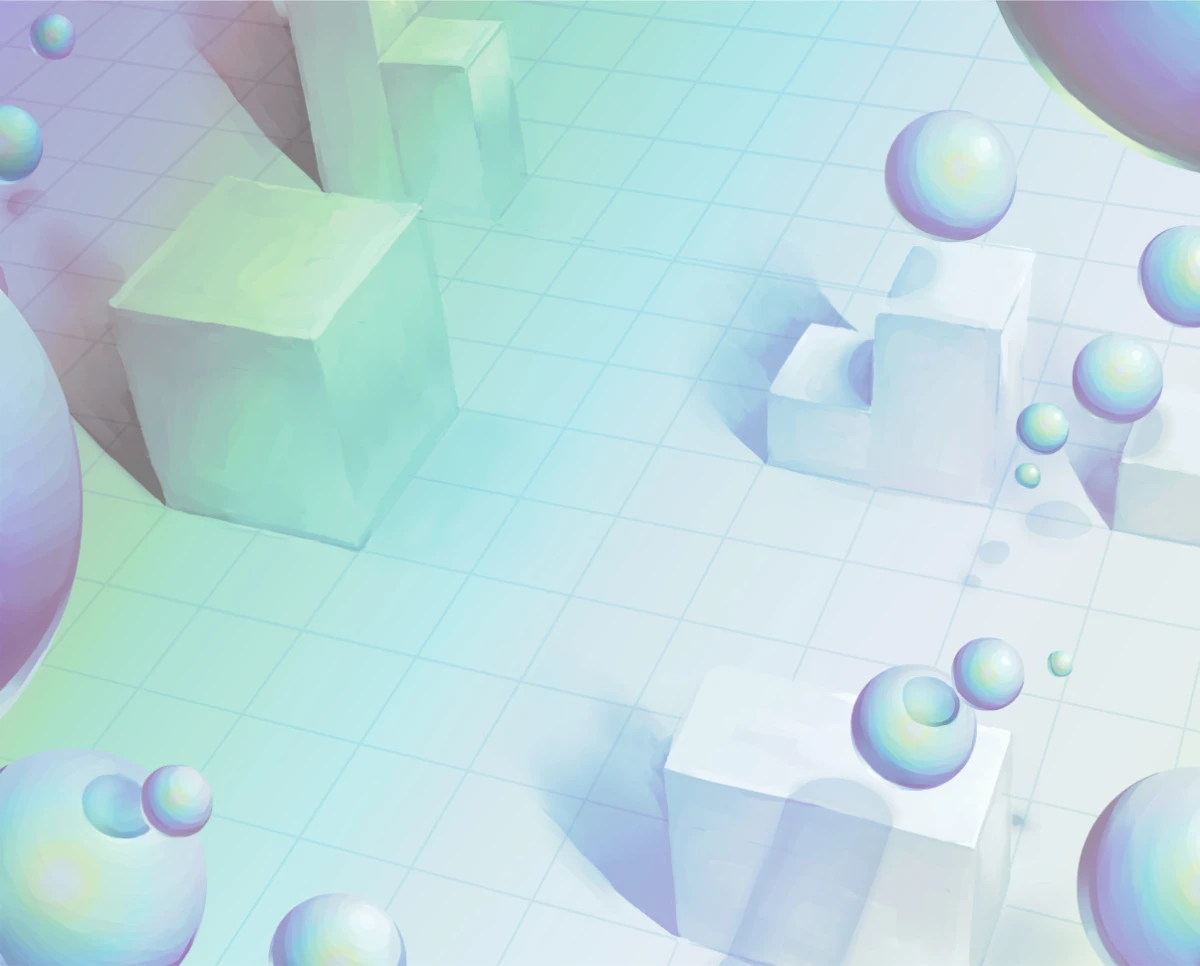 Background from a digital illustration, roughly painted blocks and spheres, iridescent but pale in color, raising from a white grid floor.