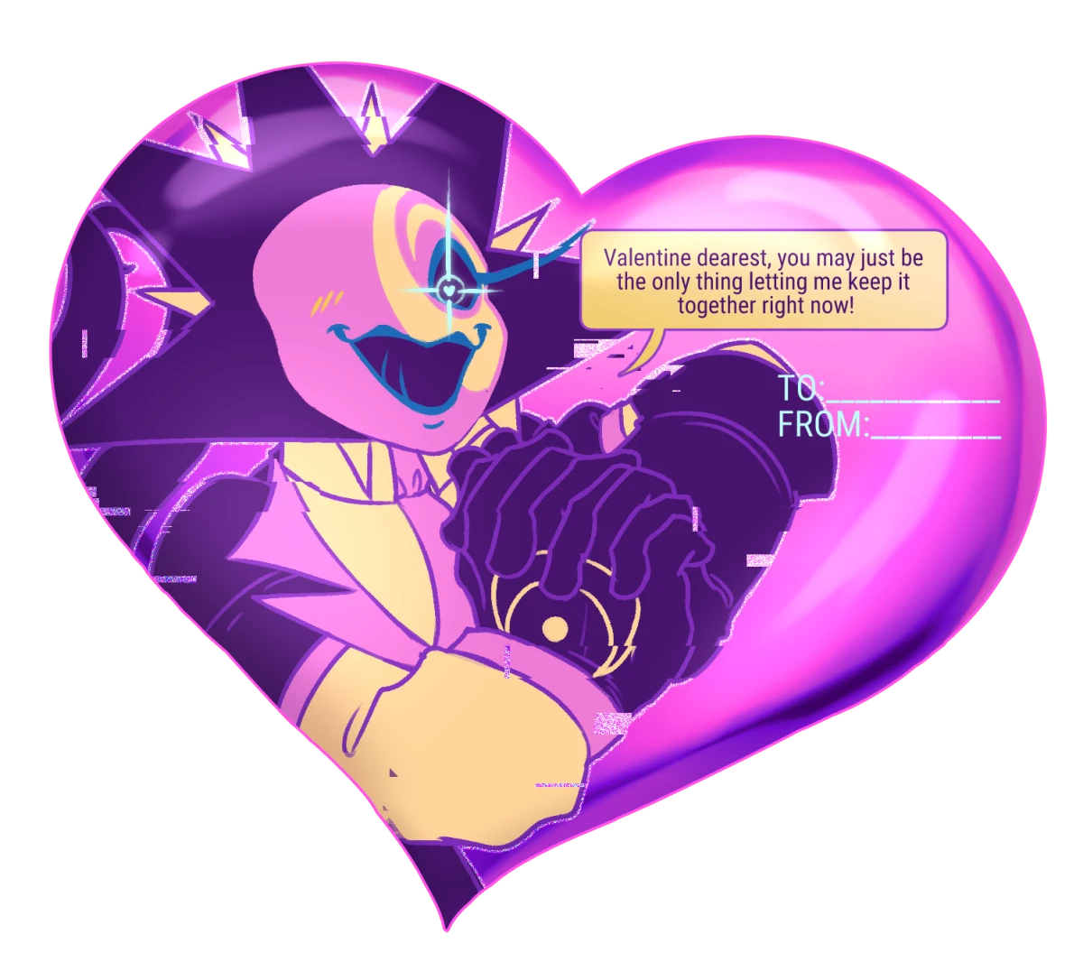 Digital CaelOS-based valentines card, in a shiny purple heart. Aster (Aldebaran fronting) says "Valentine dearest, you may just be the only thing letting me keep it together right now!"