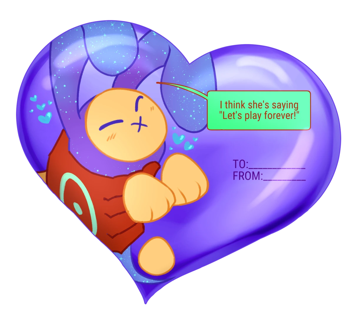 Digital CaelOS-based valentines card, in a shiny violet heart. Halley the CometBun is held up in Rigel's hand, who says "I think she's saying 'Let's play forever!'"
