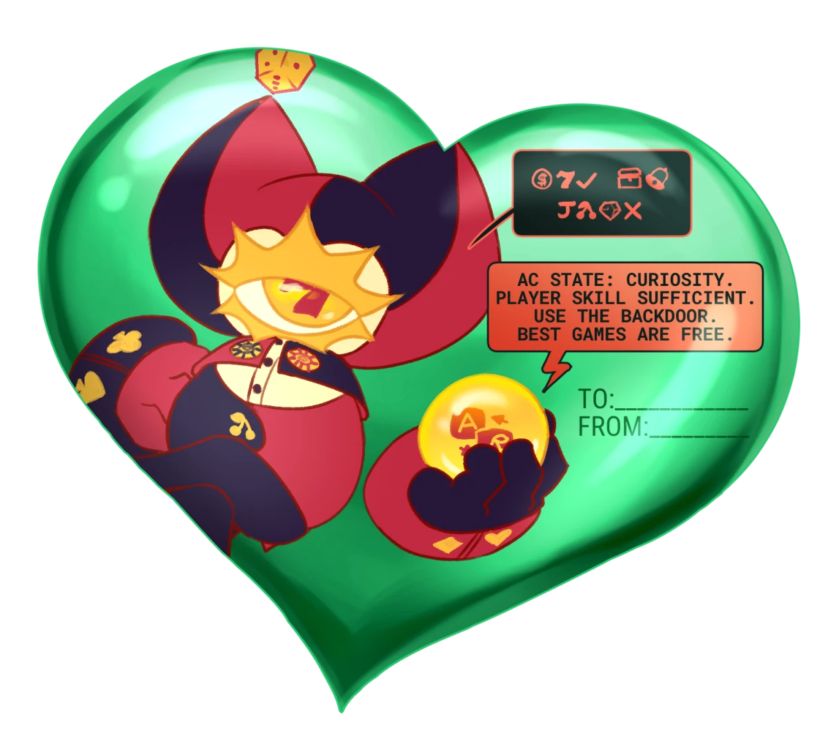 Digital CaelOS-based valentines card, in a shiny green heart. Mercury speaks in gambling symbols, with the orb in her hand interpreting it as "AC state: Curiosity. Player skill sufficient. Use the backdoor. Best games are free."