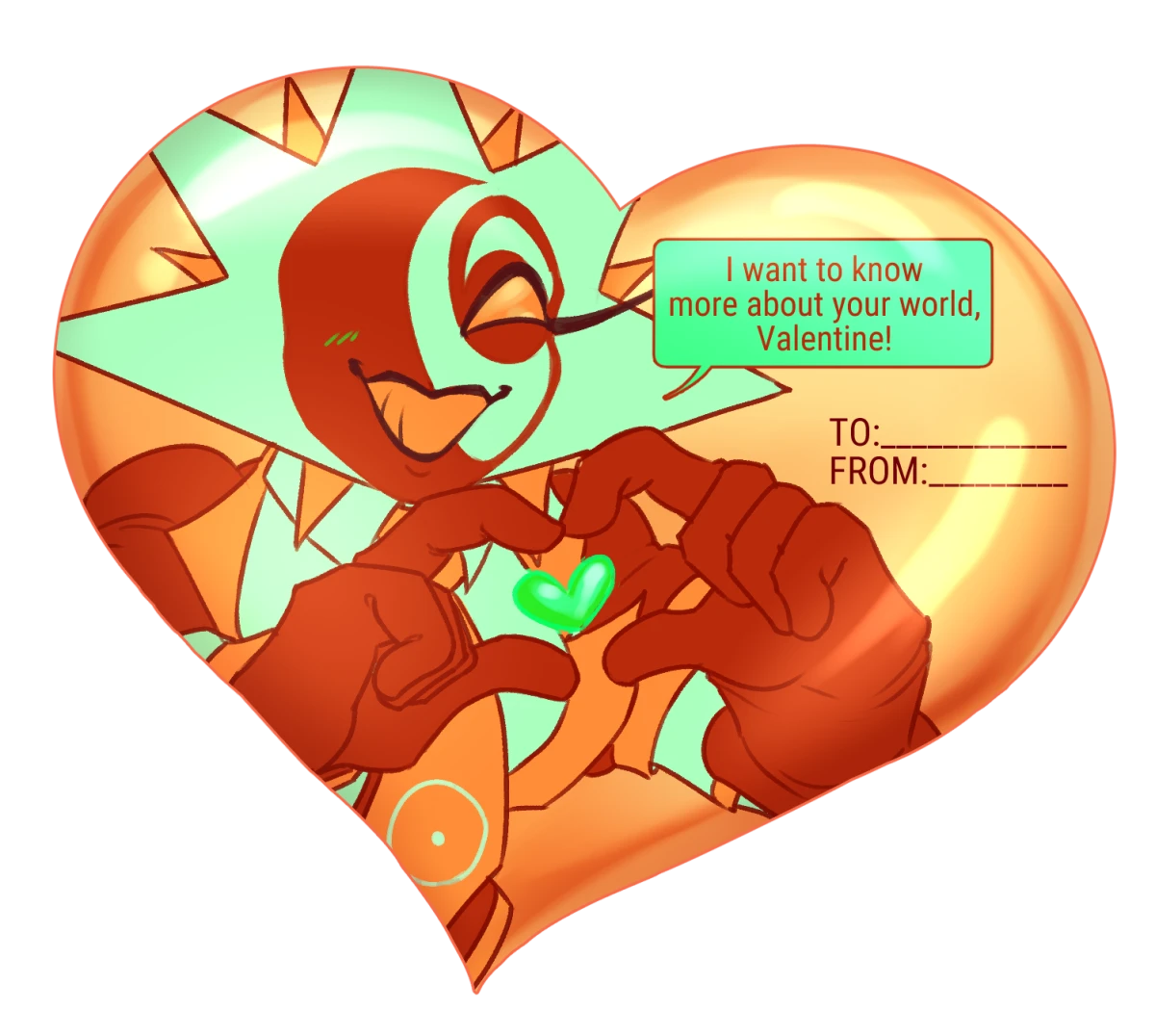 Digital CaelOS-based valentines card, in a shiny orange heart. Aster (Rigel fronting) says "I want to know more about your world, Valentine!"