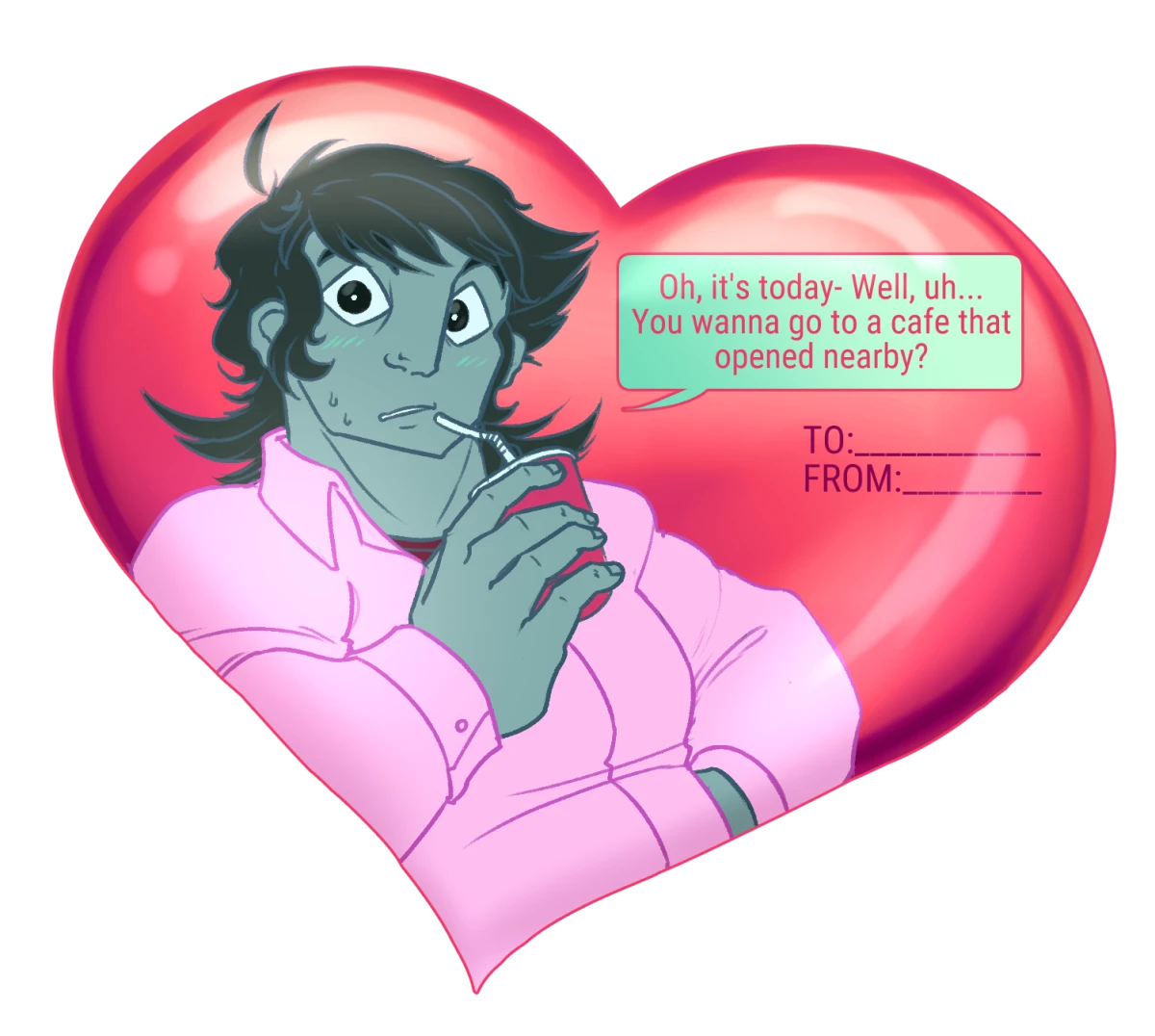 Digital CaelOS-based valentines card, in a shiny red heart. Urs Novak says "Oh, it's today- Well, uh... You wanna go to a cafe that opened nearby?"