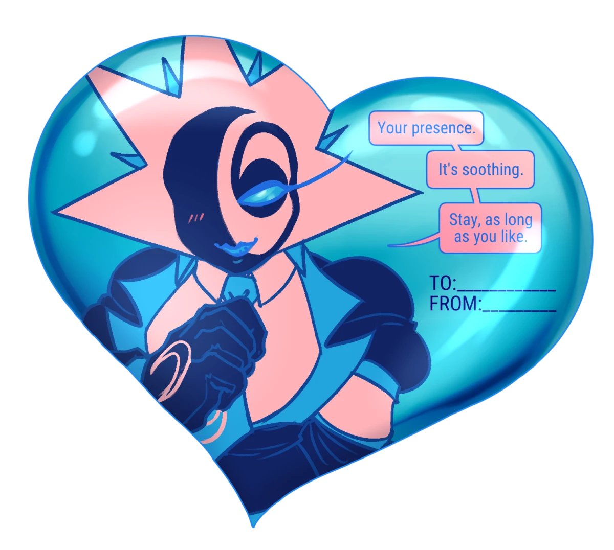 Digital CaelOS-based valentines card, in a shiny blue heart. Aster (Vega fronting) says "Your presence. It's soothing. Stay, as long as you like."