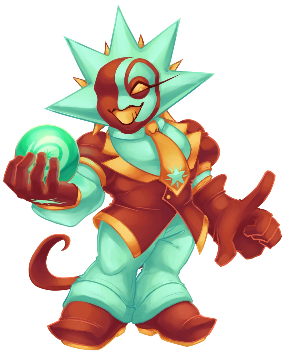A humanoid being with a starry head in a suit, colored with offwhite green, red, and orange. He's smiling brightly and holding a green sphere with CaelOS logo in one of his hands.