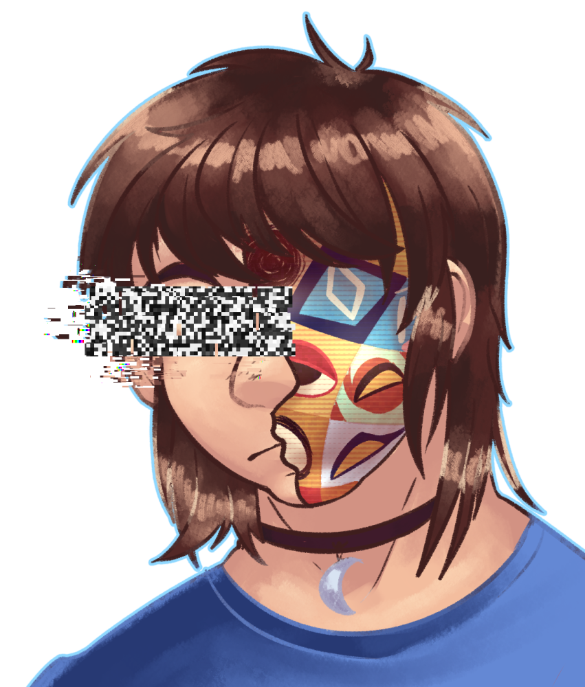 A head shot drawing of a human with white skin and brown hair in a mullet hairstyle, eye on the left side covered by glitchy static. The right side of their face is covered with a tapestry of differently colored and styled eyes.