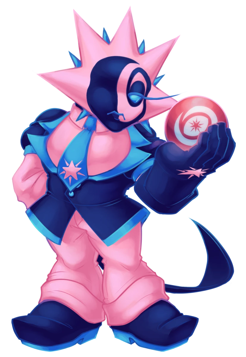 A humanoid being with a starry head in a suit, colored with offwhite red, light blue, and inky blue. His expression is neutral and he's holding up a pink sphere with CaelOS logo in one hand.
